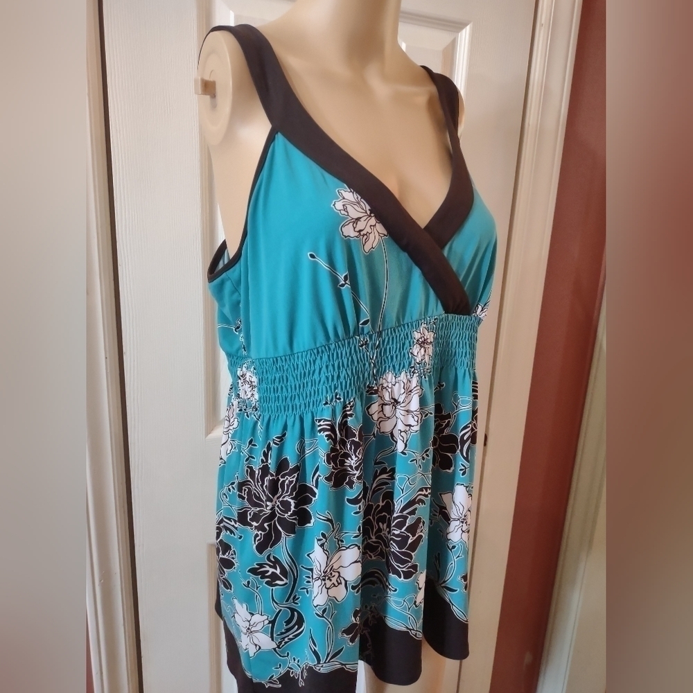 Style & Co Floral Sundress Large Teal Black Sleeveless Empire Waist Dress - Picture 2 of 5